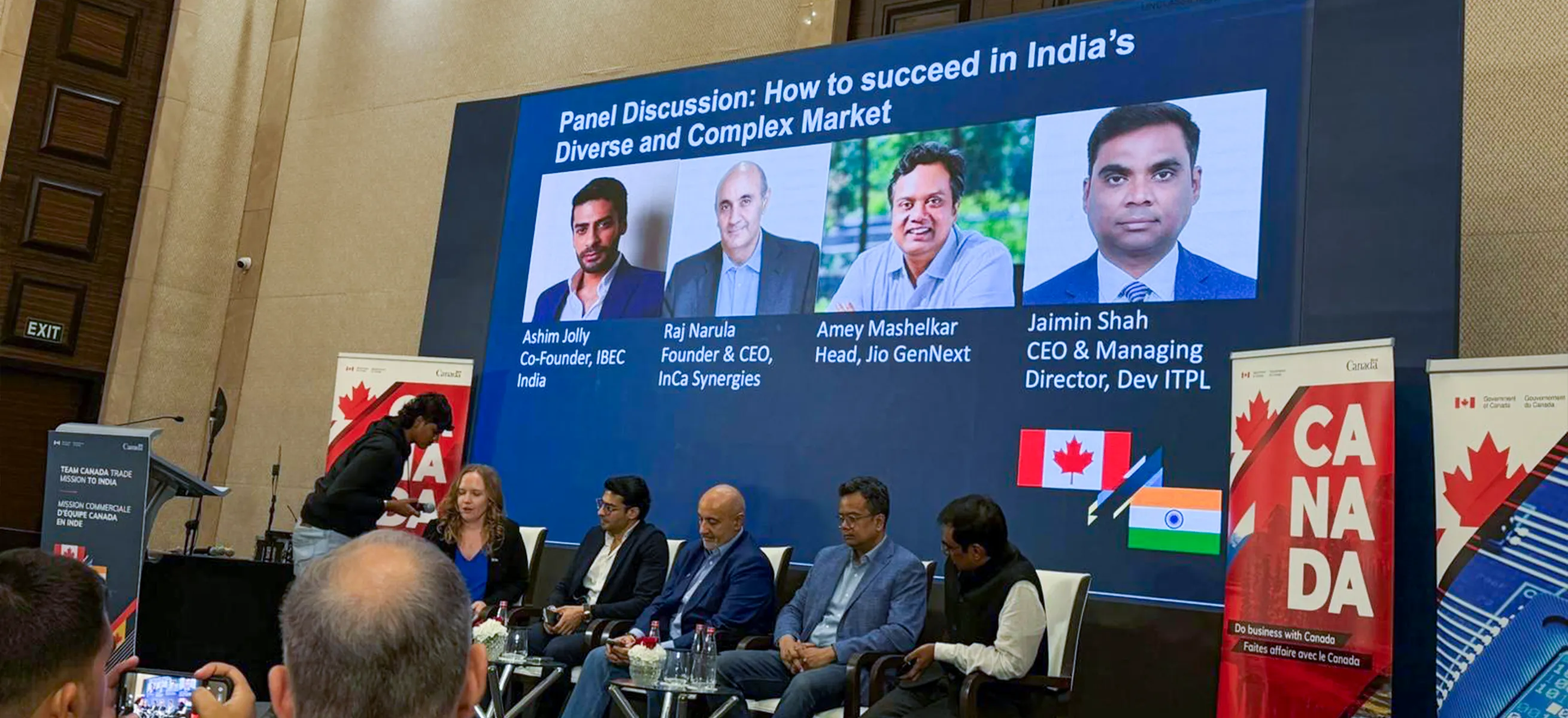 Panel discussion titled "How to Succeed in India’s Diverse and Complex Market," featuring Raj Narula, Co-Founder of IBEC; Jaimin Shah, Founder and CEO of Dev ITPL; Ashim Jolly, Head of JioGenNext; and Amey Mashelkar, CEO and Managing Director of InCa Synergies, seated together on a panel